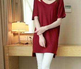 Irregular oblique V-neck bat sleeve T-shirt